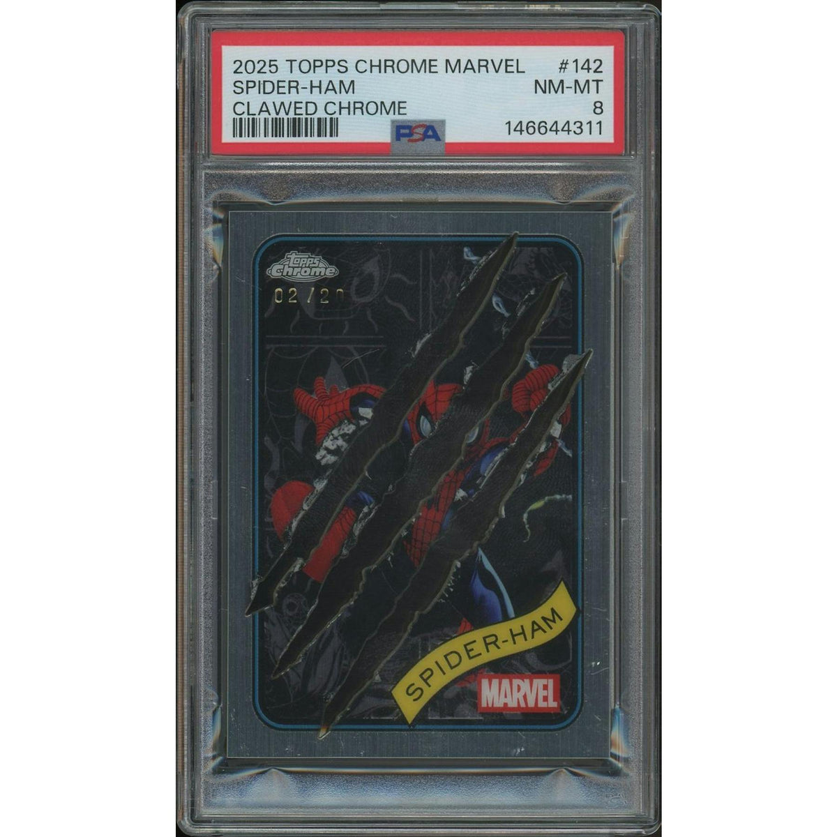 2025 Topps Chrome Marvel #142 Spider-Ham Clawed Chrome Stainless Steel #02/20 PSA 8 (NM-MT)