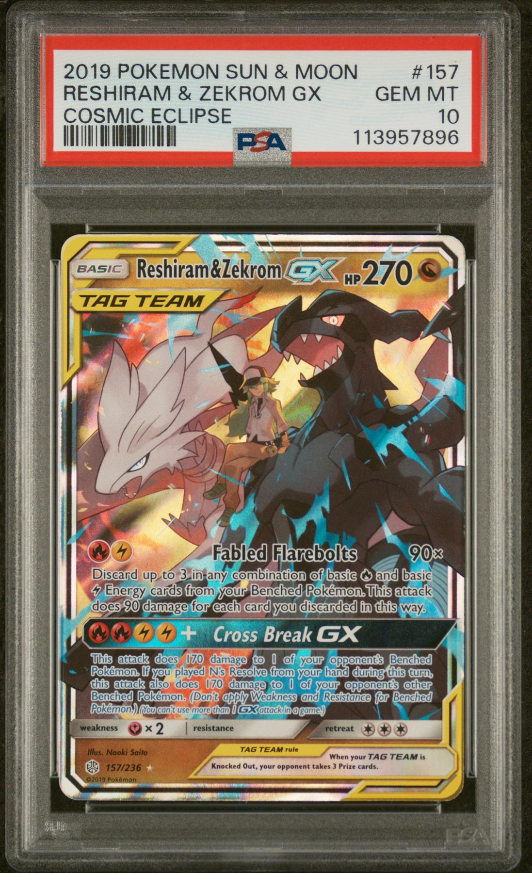 2019 Pokemon Sun & Moon Cosmic Eclipse Reshiram & Zekrom GX #157 PSA 10