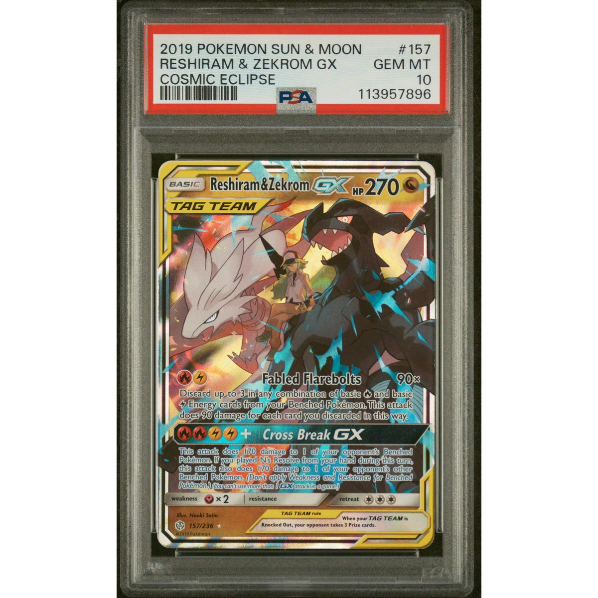 2019 Pokemon Sun & Moon Cosmic Eclipse Reshiram & Zekrom GX #157 PSA 10