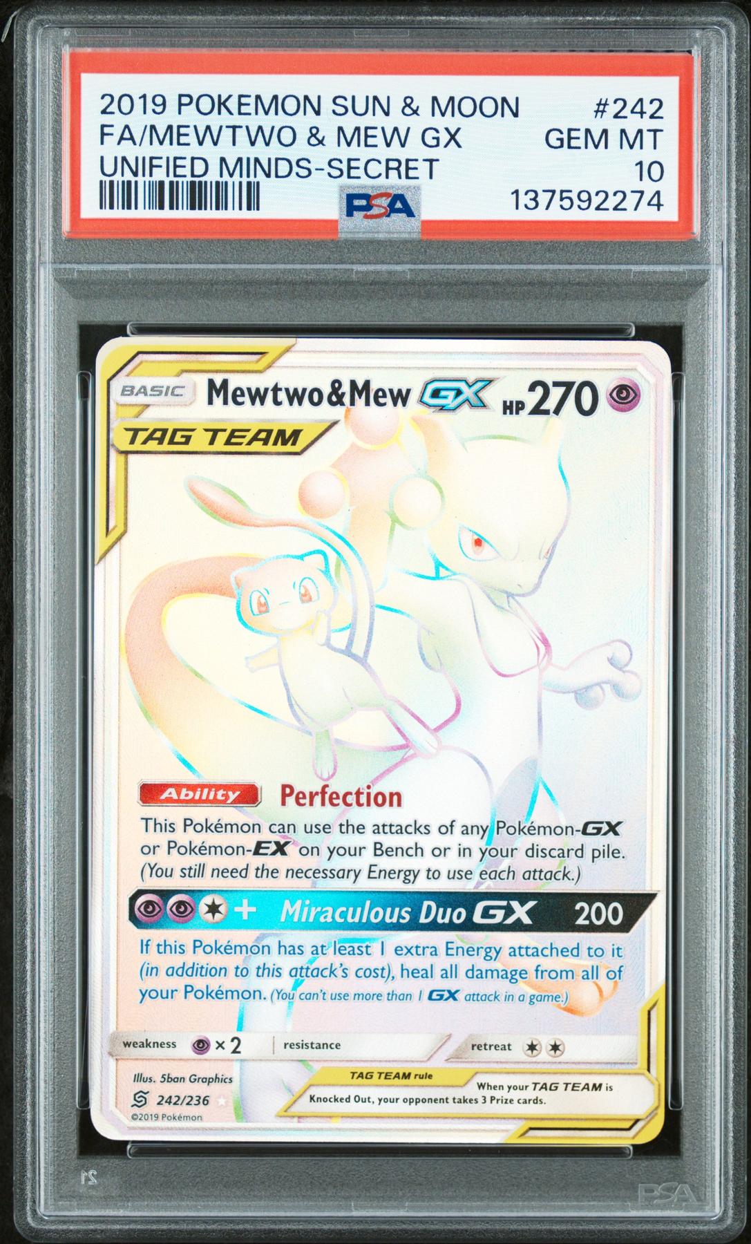 2019 Pokemon Unified Minds Mewtwo & Mew GX Full Art Secret #242 PSA 10