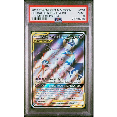 2019 Pokemon Cosmic Eclipse Solgaleo & Lunala GX Tag Team #216 PSA 9