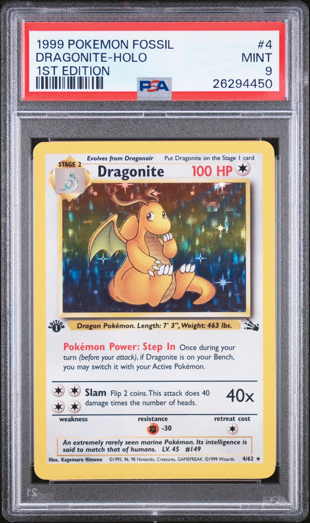 1999 Pokemon Fossil Dragonite Holo 1st Edition #4 PSA 9