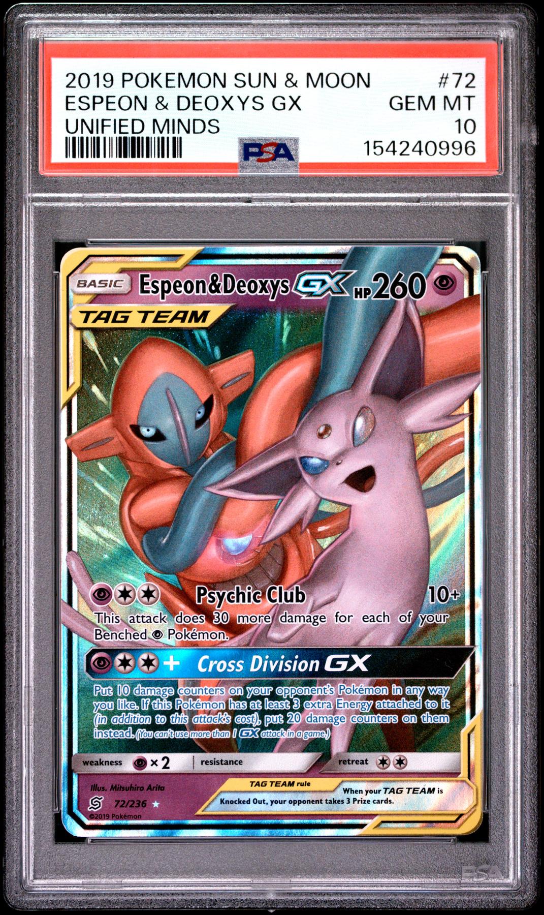2019 Pokemon Unified Minds Espeon & Deoxys GX Tag Team #72 PSA 10