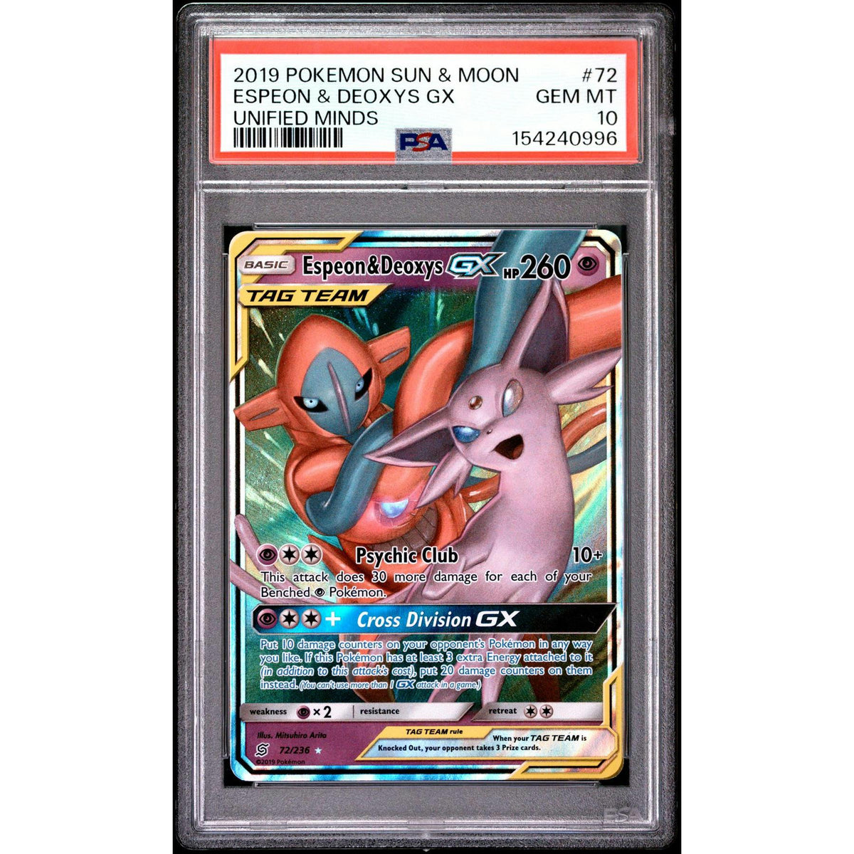 2019 Pokemon Unified Minds Espeon & Deoxys GX Tag Team #72 PSA 10