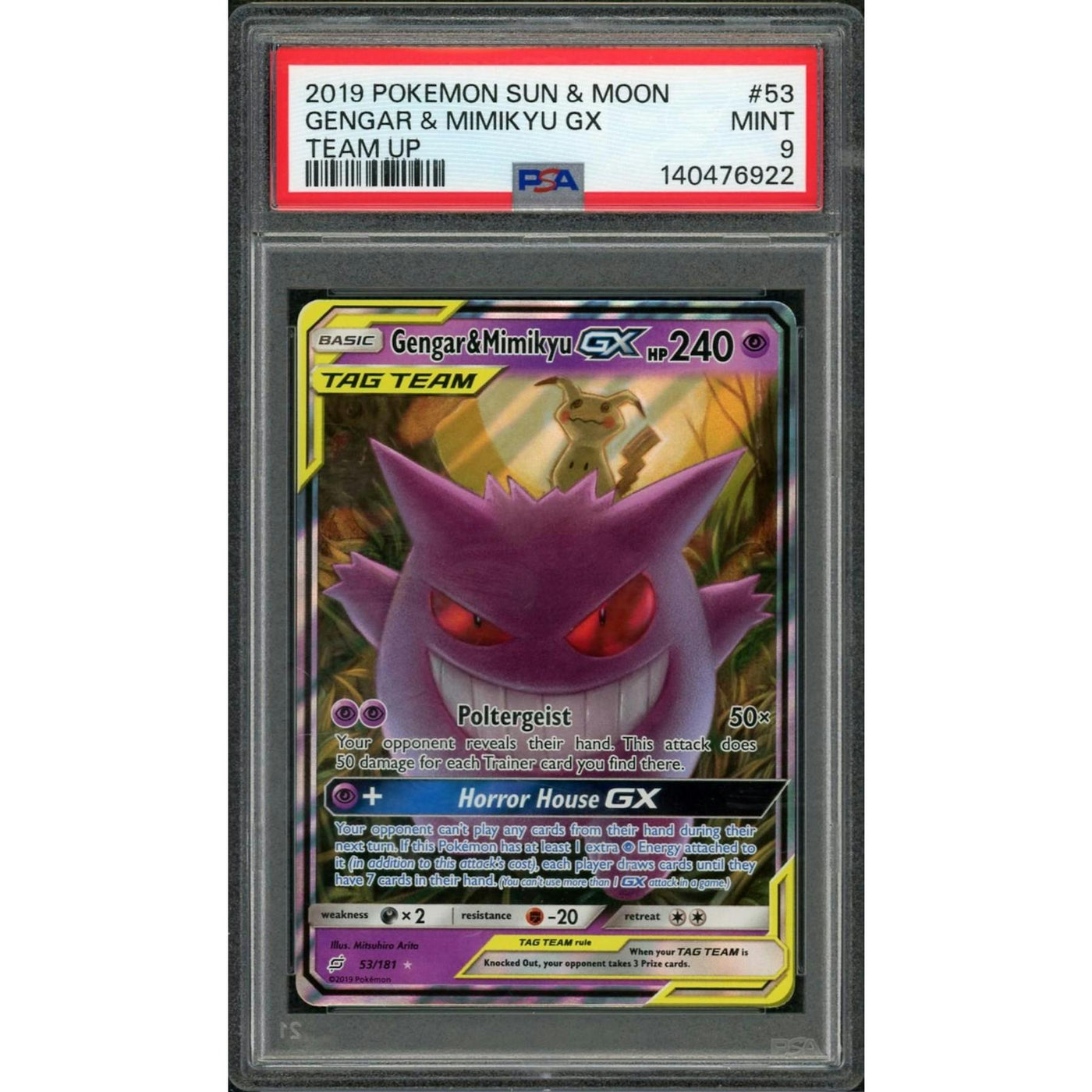 2019 Pokemon Team Up Gengar & Mimikyu GX Tag Team #53 PSA 9