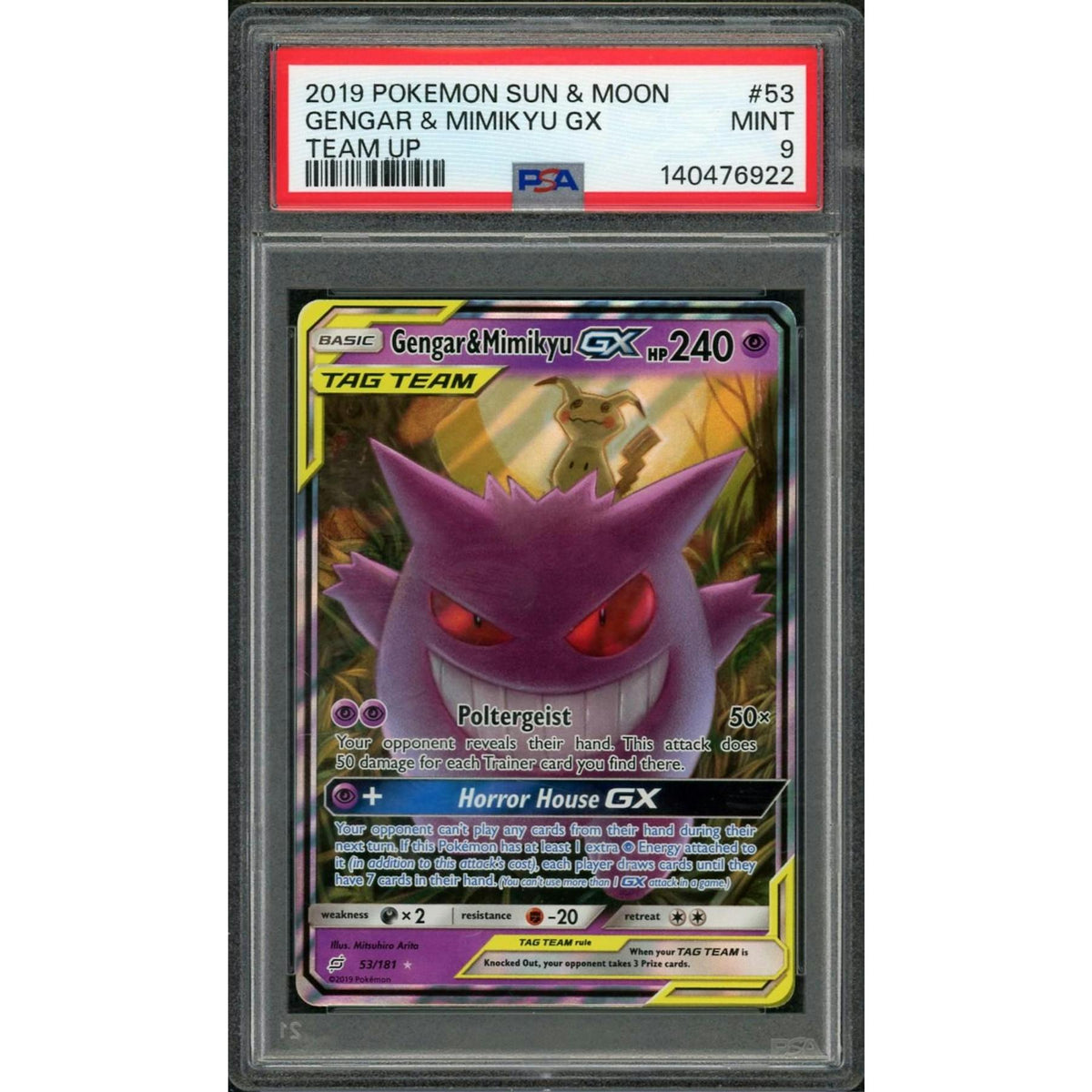 2019 Pokemon Team Up Gengar & Mimikyu GX Tag Team #53 PSA 9
