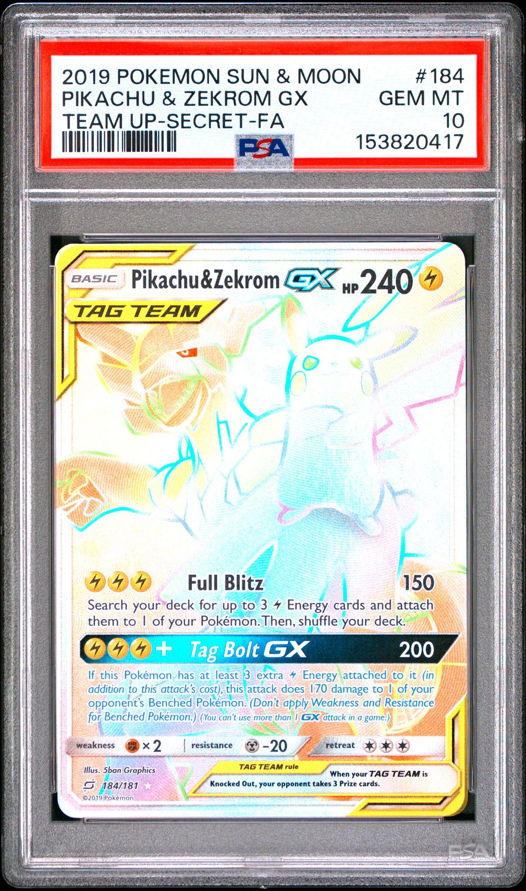 2019 Pokemon Team Up Pikachu & Zekrom Gx Tag Team Secret Full Art #184 PSA 10