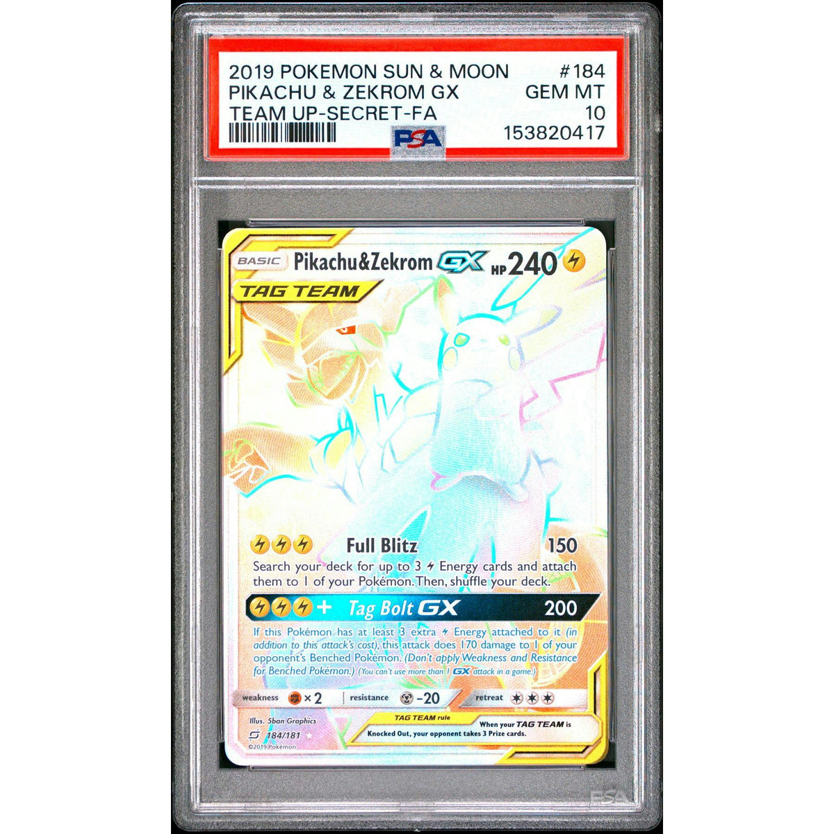 2019 Pokemon Team Up Pikachu & Zekrom Gx Tag Team Secret Full Art #184 PSA 10