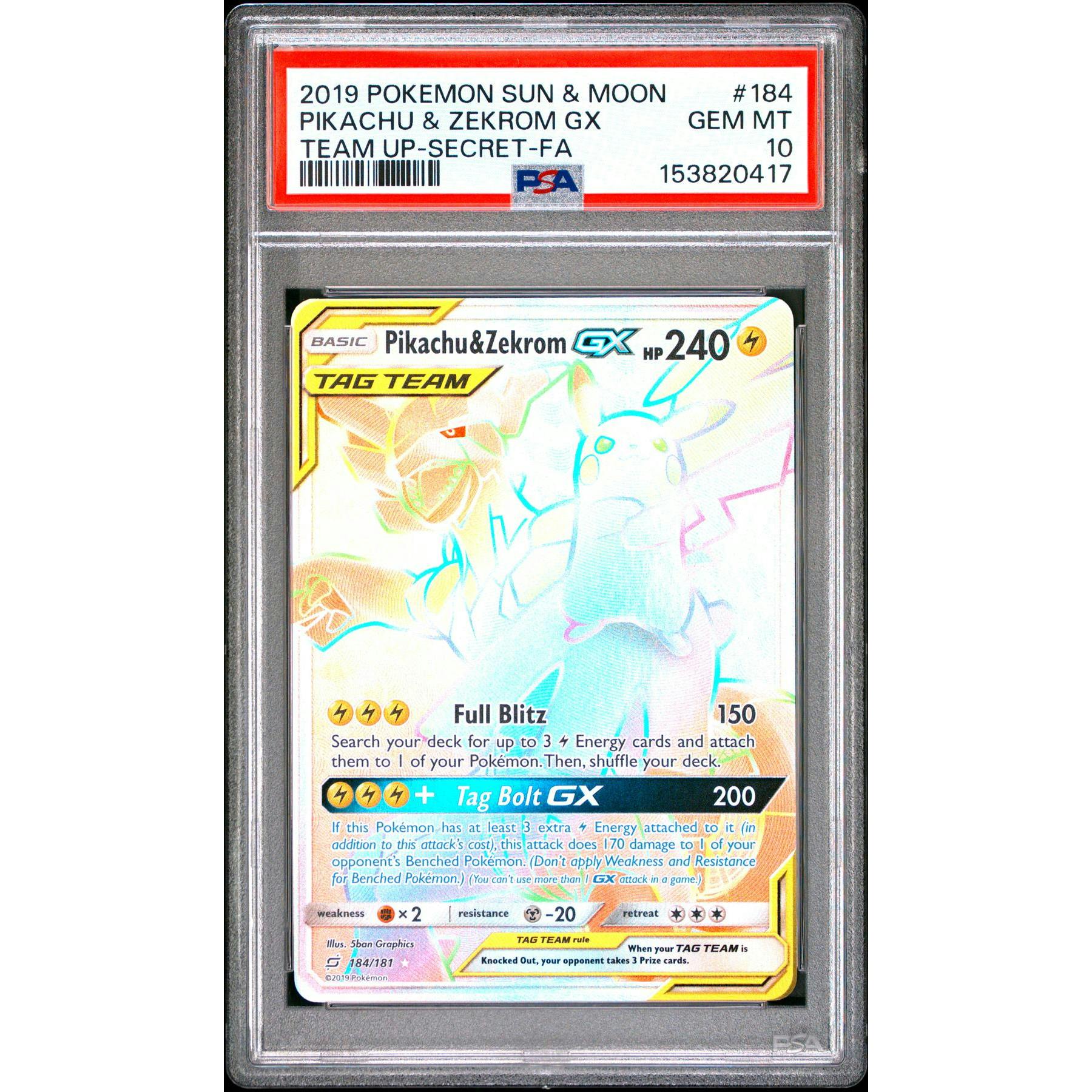 2019 Pokemon Team Up Pikachu & Zekrom Gx Tag Team Secret Full Art #184 PSA 10