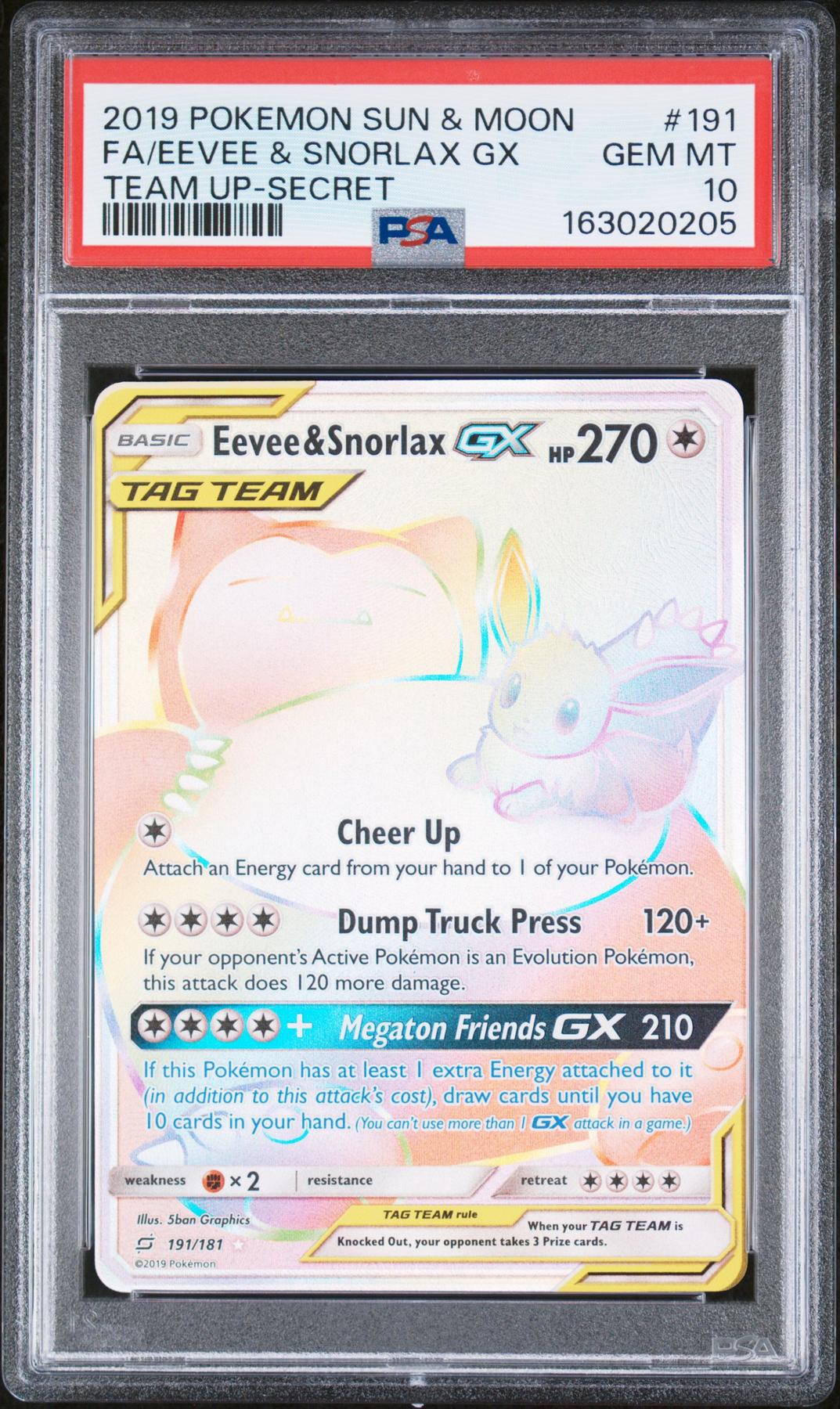2019 Pokemon Team Up Eevee & Snorlax GX Tag Team Secret #191 PSA 10