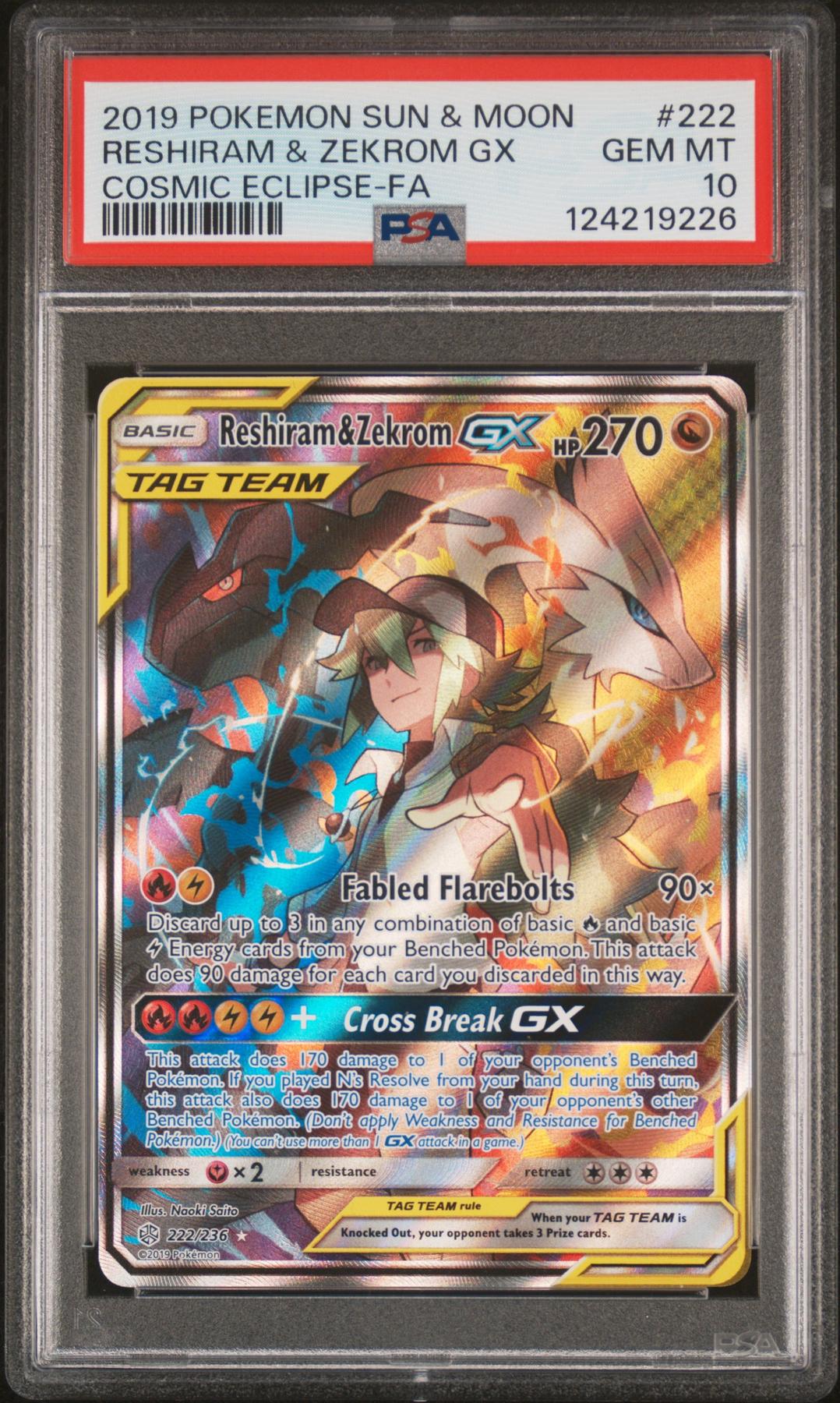 2019 Pokemon Cosmic Eclipse Reshiram & Zekrom GX Tag Team #222 PSA 10
