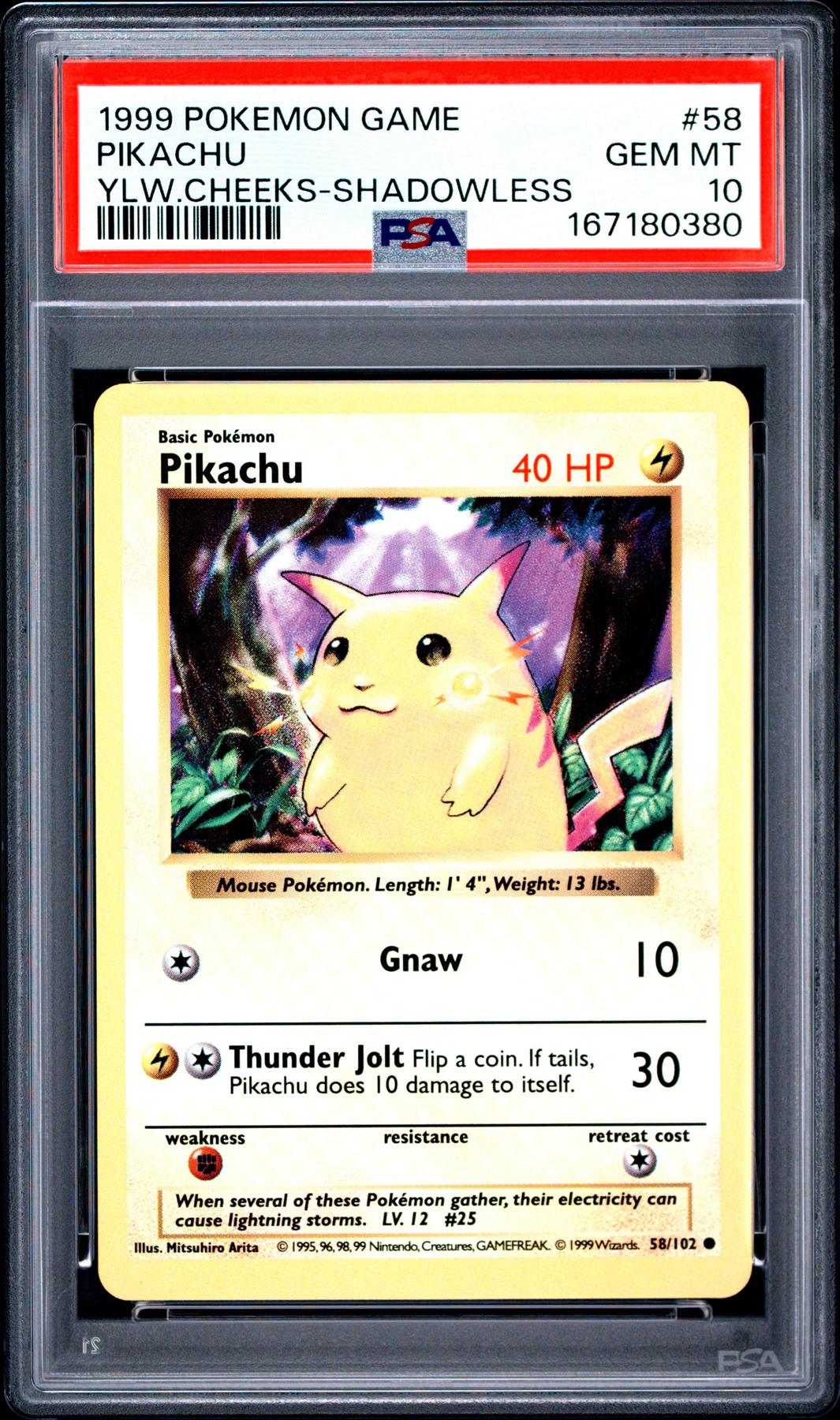 1999 Pokemon Game Pikachu Yellow Cheeks Shadowless #58 PSA 10