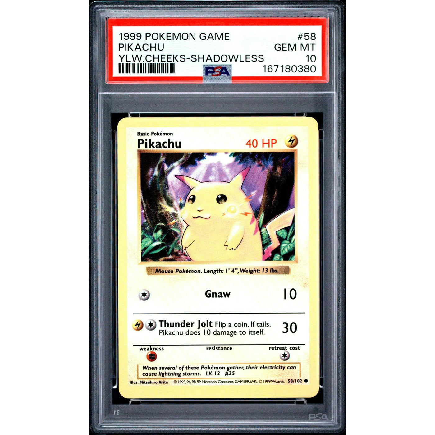 1999 Pokemon Game Pikachu Yellow Cheeks Shadowless #58 PSA 10