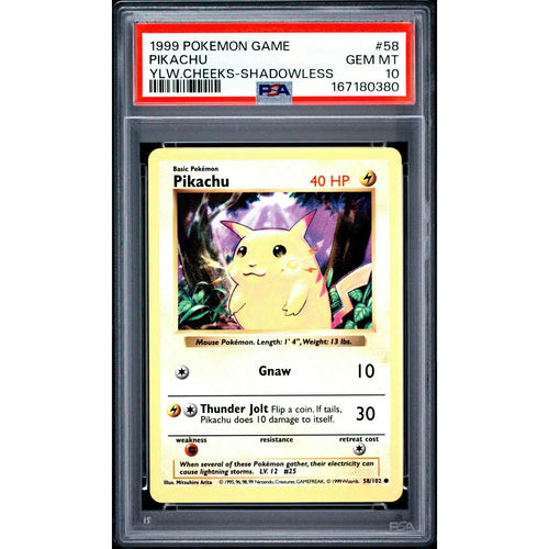 1999 Pokemon Game Pikachu Yellow Cheeks Shadowless #58 PSA 10