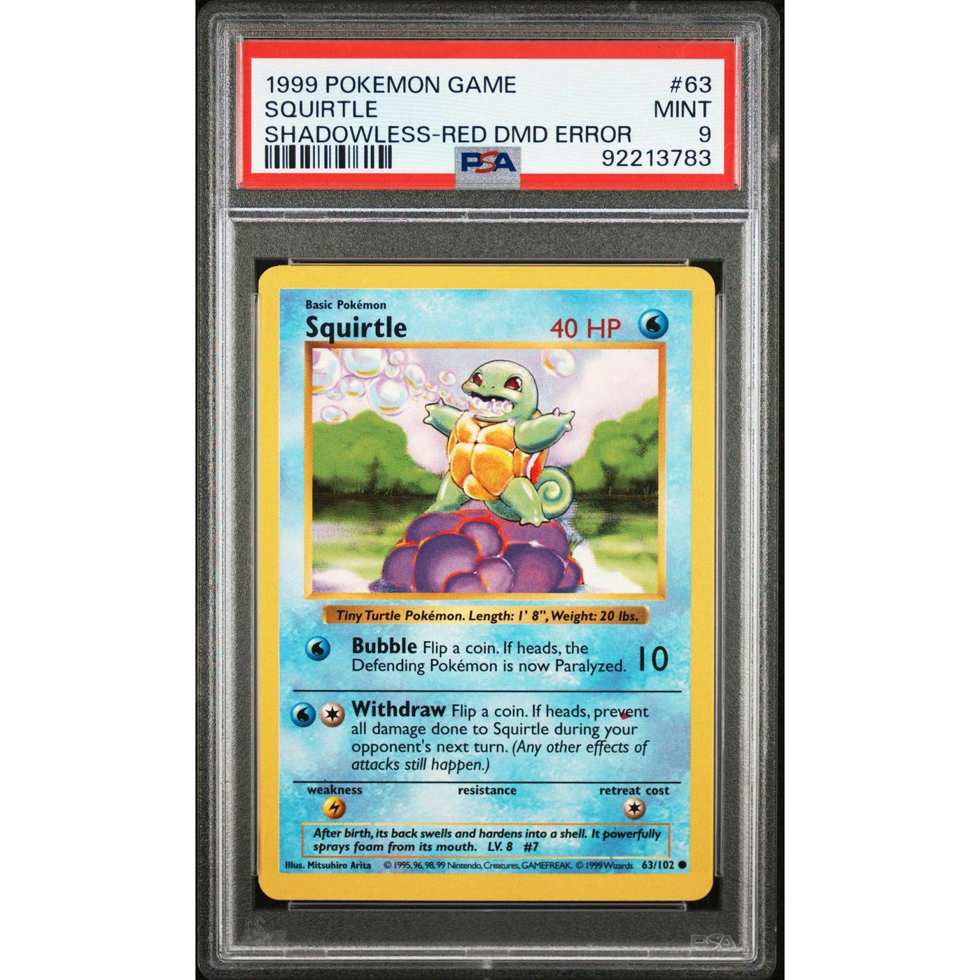 1999 Pokemon Game Squirtle Shadowless Red Diamond Error #63 PSA 9