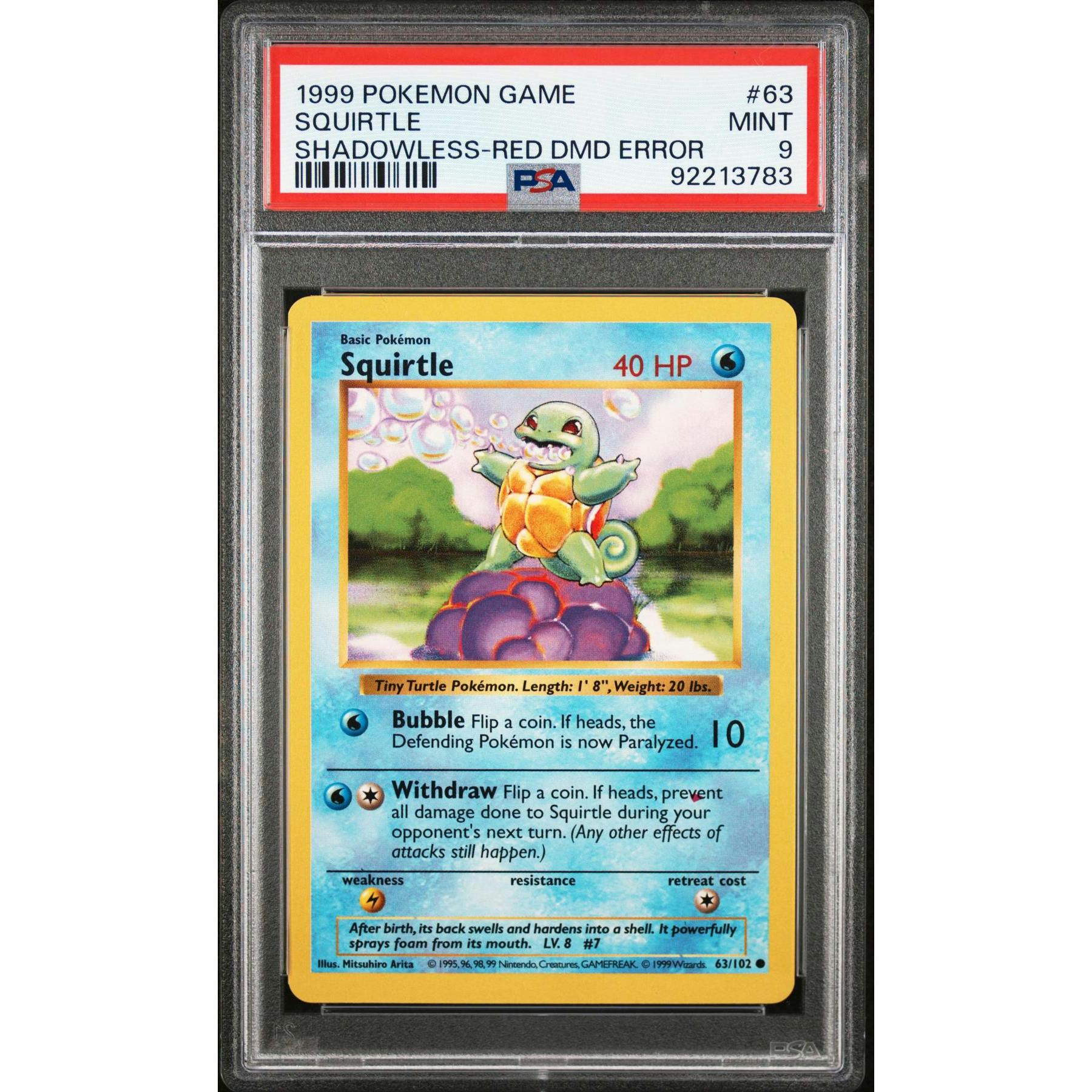 1999 Pokemon Game Squirtle Shadowless Red Diamond Error #63 PSA 9