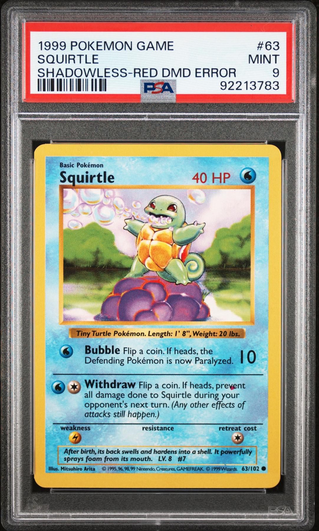 1999 Pokemon Game Squirtle Shadowless Red Diamond Error #63 PSA 9