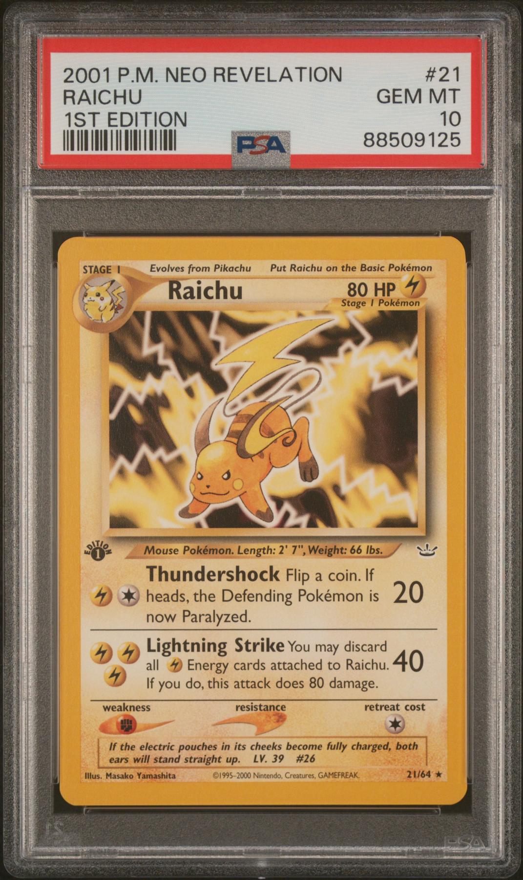 2001 Pokemon Neo Revelation Raichu 1st Edition #21 PSA 10