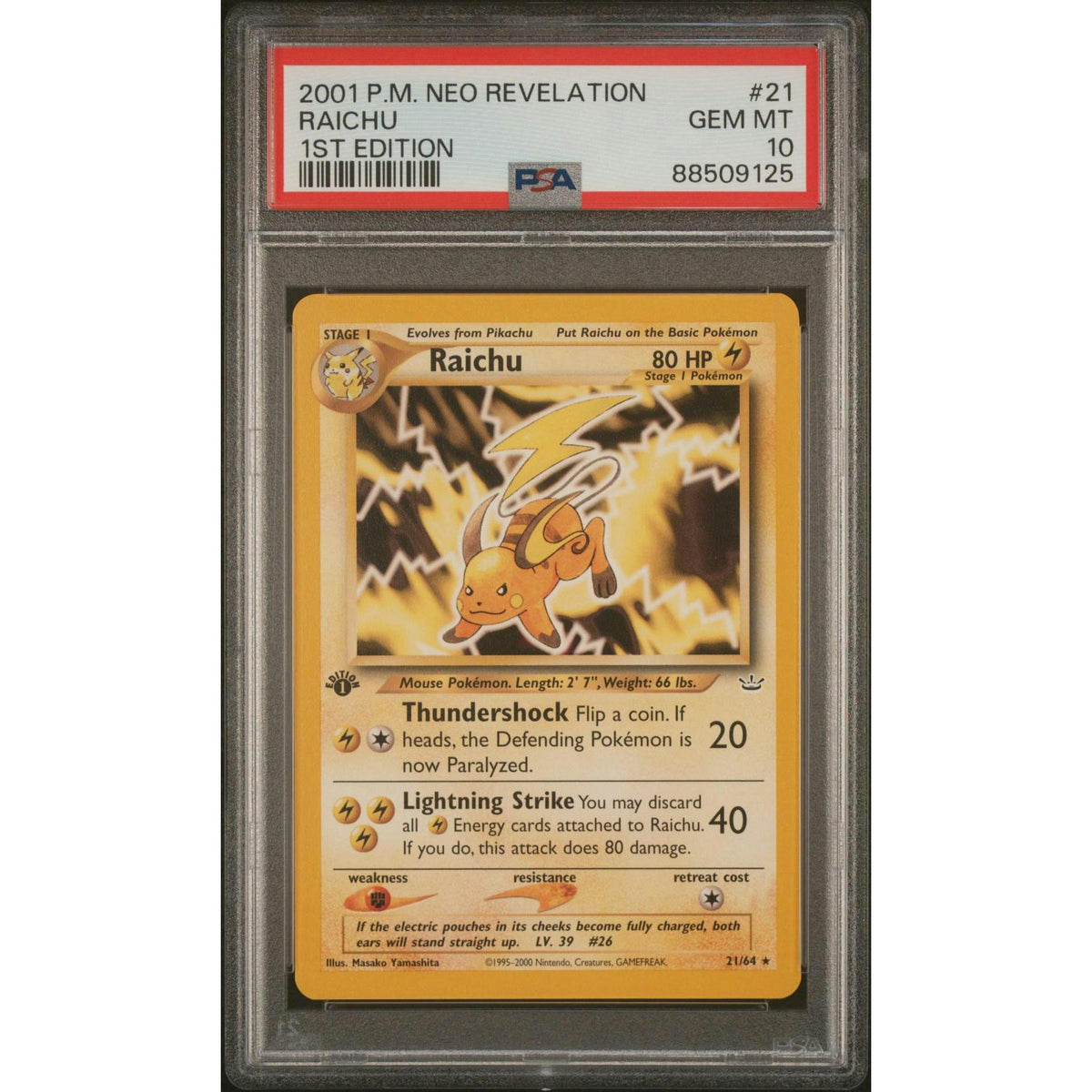 2001 Pokemon Neo Revelation Raichu 1st Edition #21 PSA 10