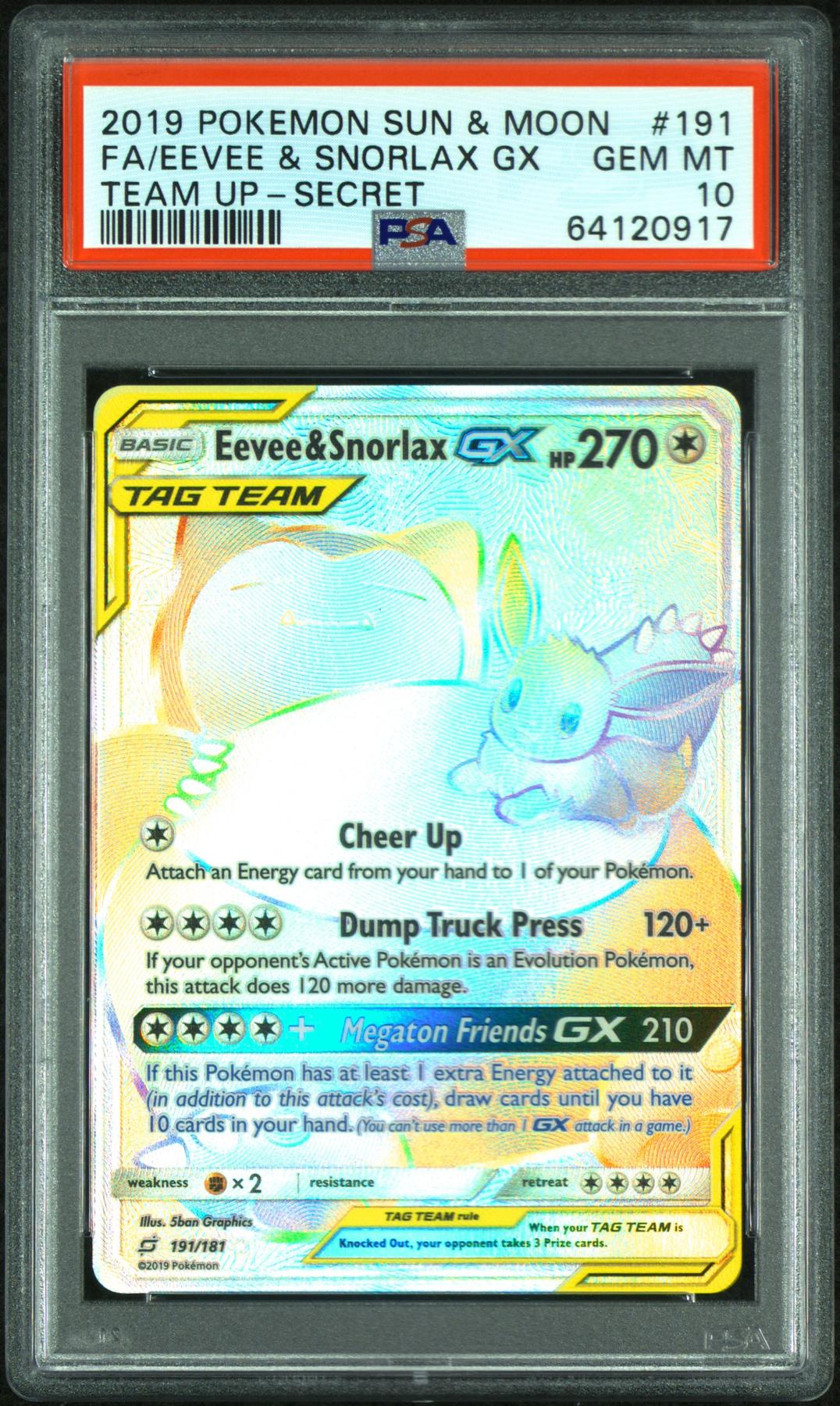 2019 Pokemon Team Up Eevee & Snorlax GX Tag Team Secret #191 PSA 10