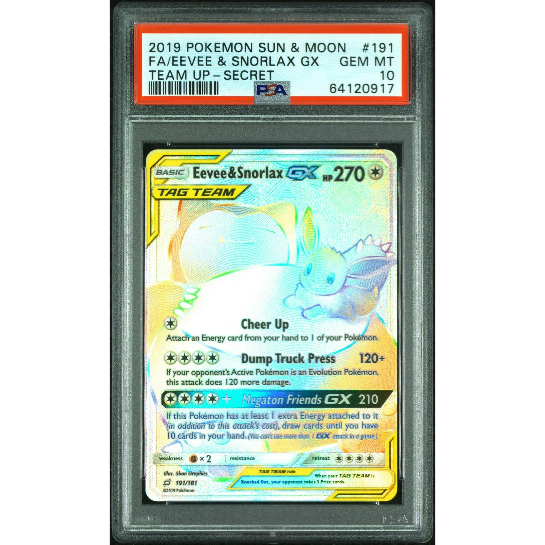 2019 Pokemon Team Up Eevee & Snorlax GX Tag Team Secret #191 PSA 10