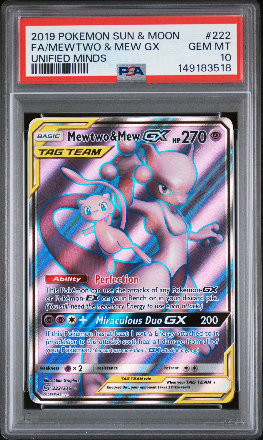 2019 Pokemon Unified Minds Mewtwo & Mew GX Tag Team #222 PSA 10
