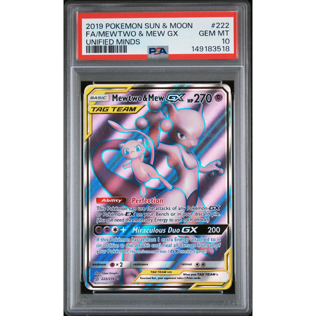 2019 Pokemon Unified Minds Mewtwo & Mew GX Tag Team #222 PSA 10