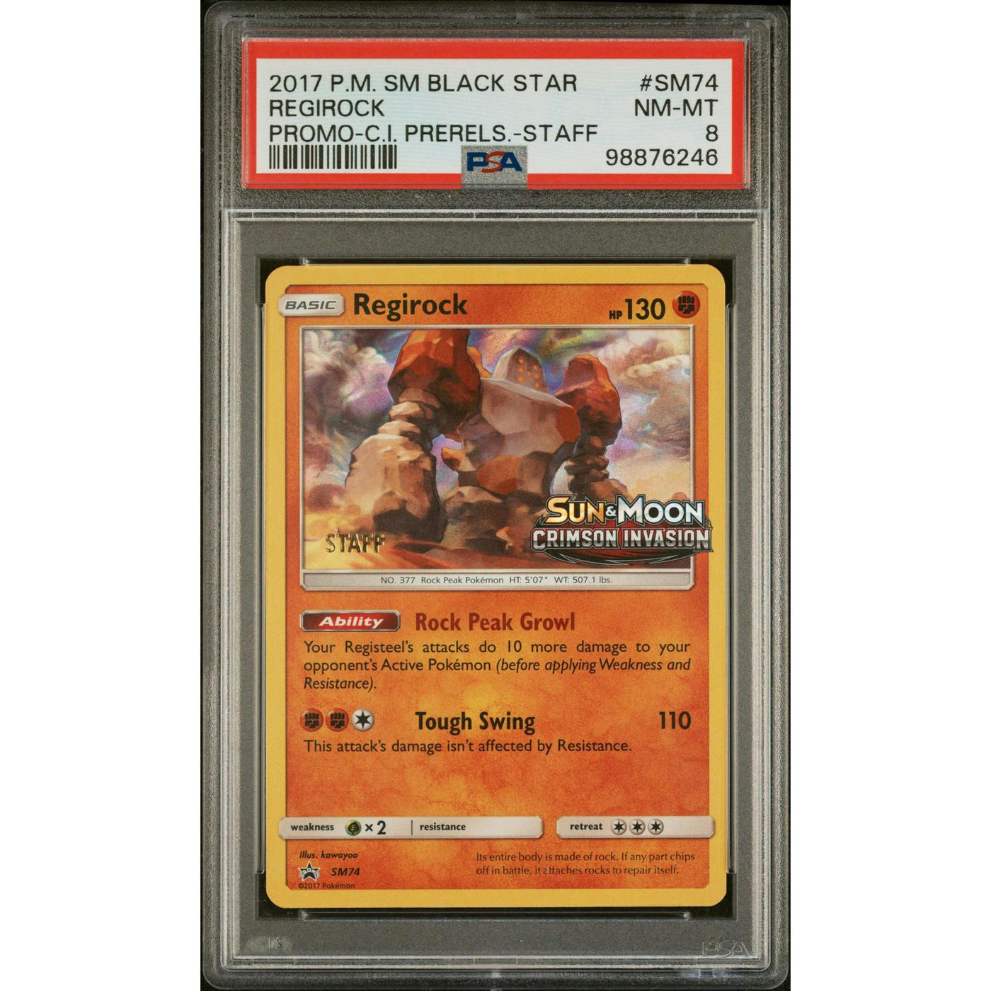 Pokemon Crimson Invasion Prerelease STAFF Promo Regirock SM74 PSA 8