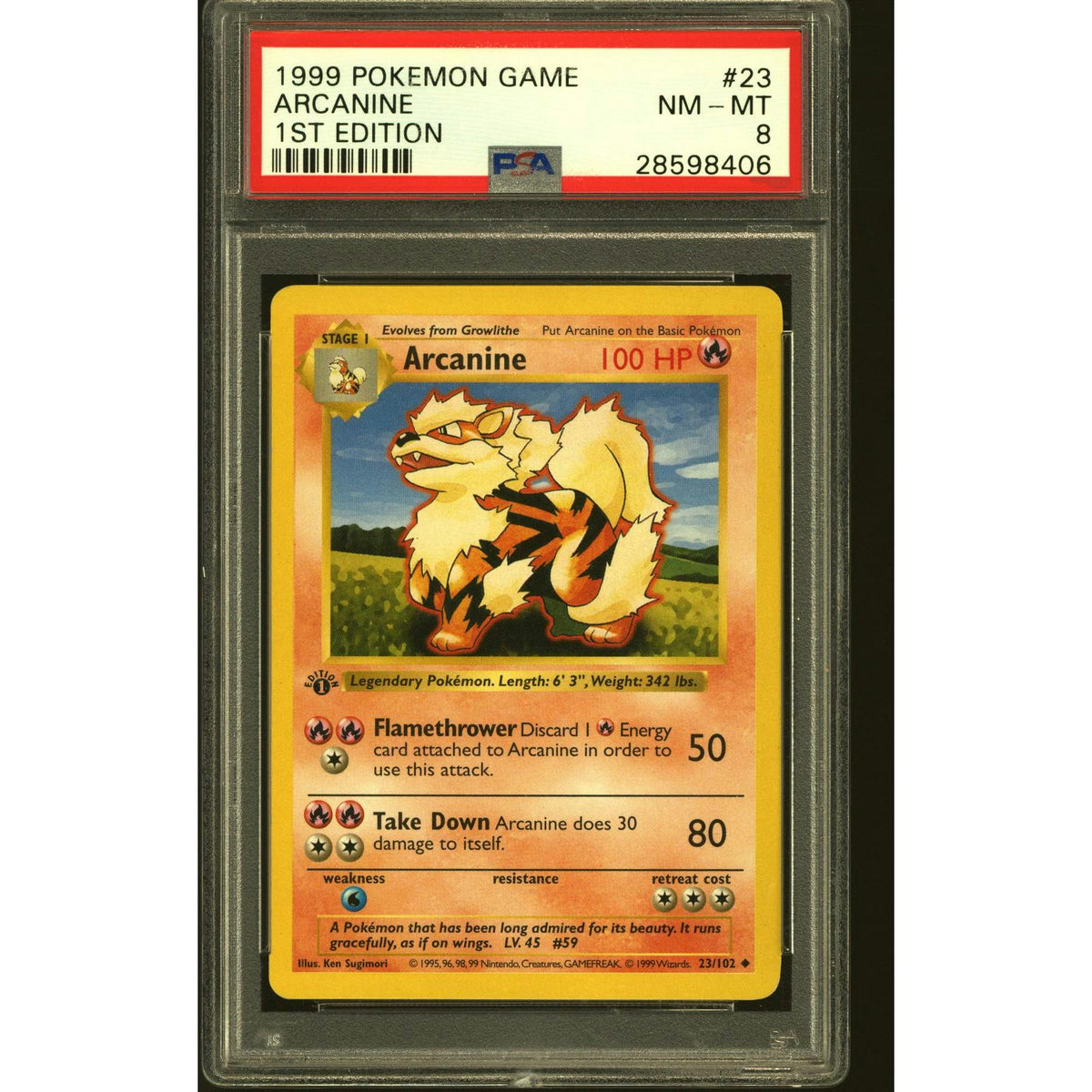 Pokemon Base Set 1st Edition Shadowless Arcanine 23/102 PSA 8