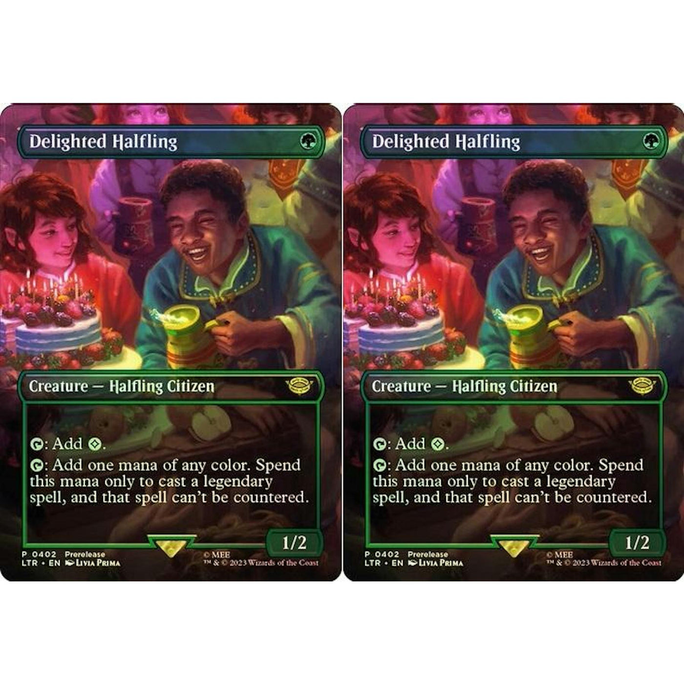 Magic the Gathering LOTR BORDERLESS FOIL 2x Delighted Halfling 402 x2 NEAR MINT NM