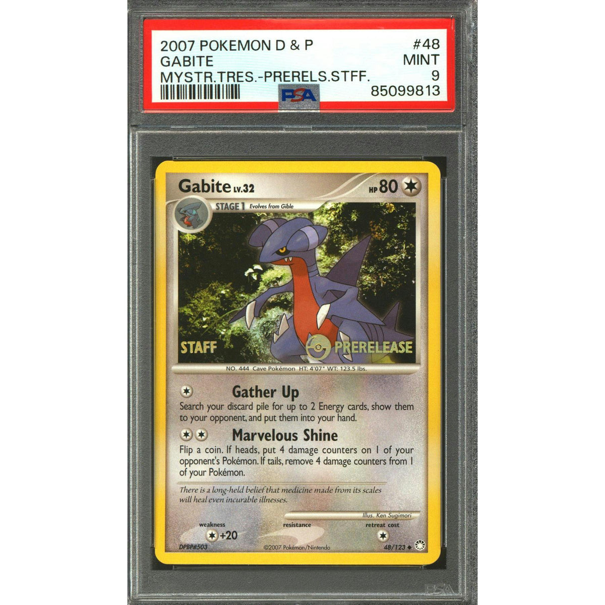 Pokemon 2007 Mysterious Treasures Prerelease Staff Gabite 48/123 PSA 9 *813