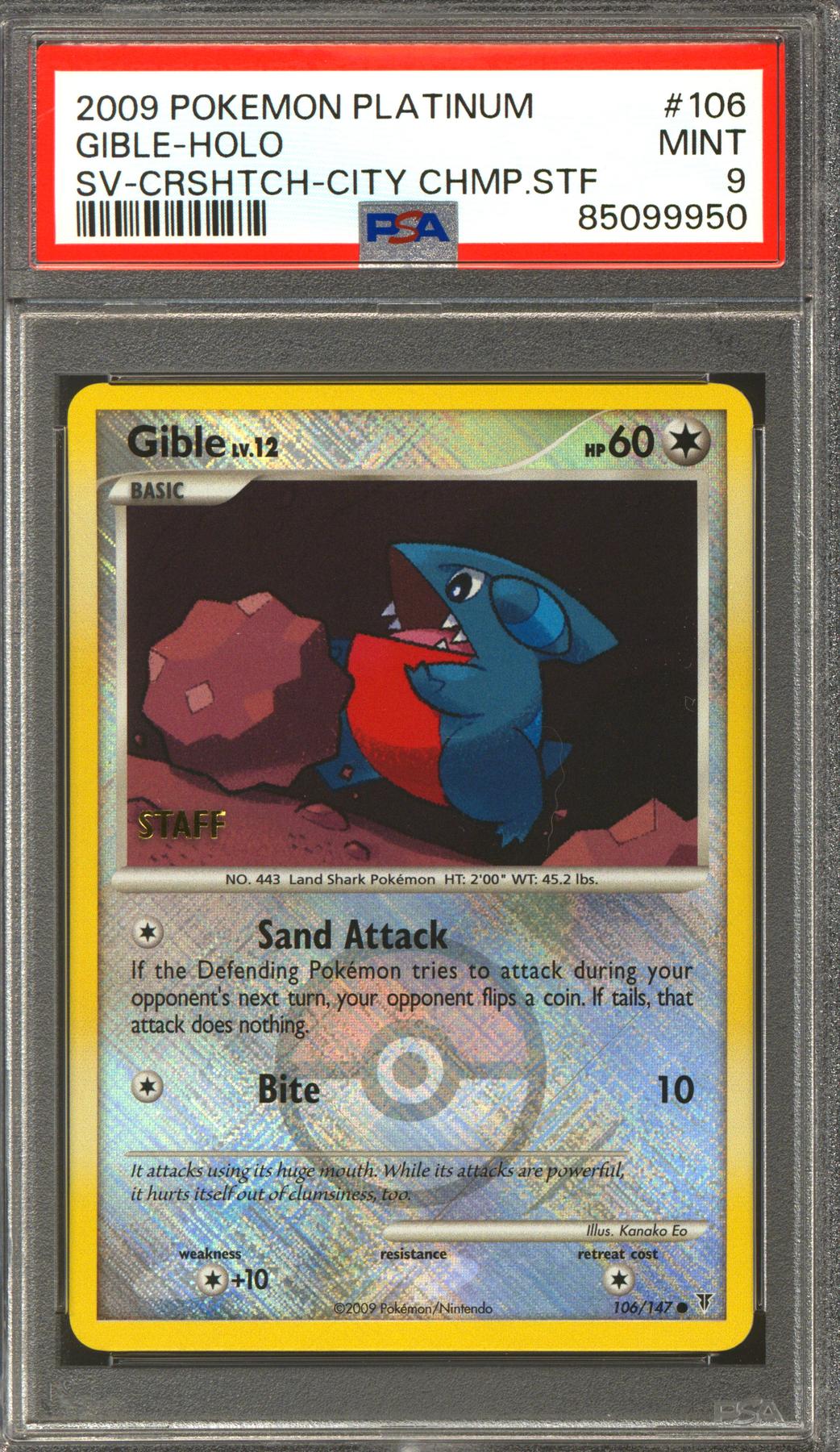 Pokemon 2009 City Championship Cross-Hatch Staff Promo Gible 106/147 PSA 9 *950