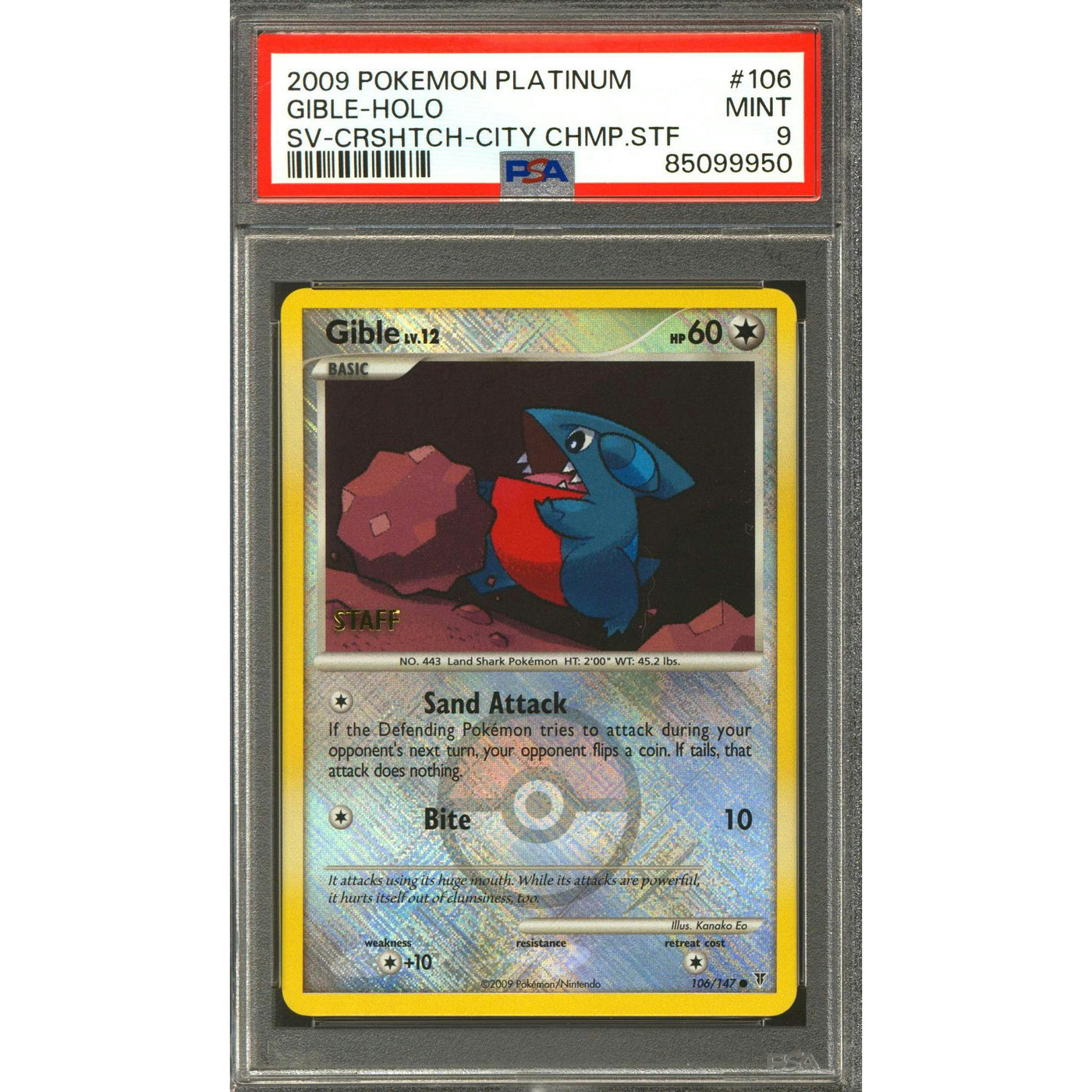 Pokemon 2009 City Championship Cross-Hatch Staff Promo Gible 106/147 PSA 9 *950