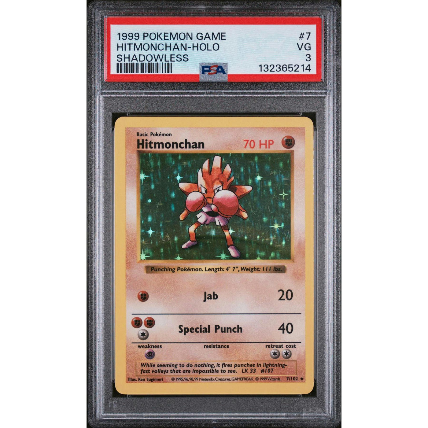 Pokemon Base Set Shadowless Hitmonchan 7/102 PSA 3
