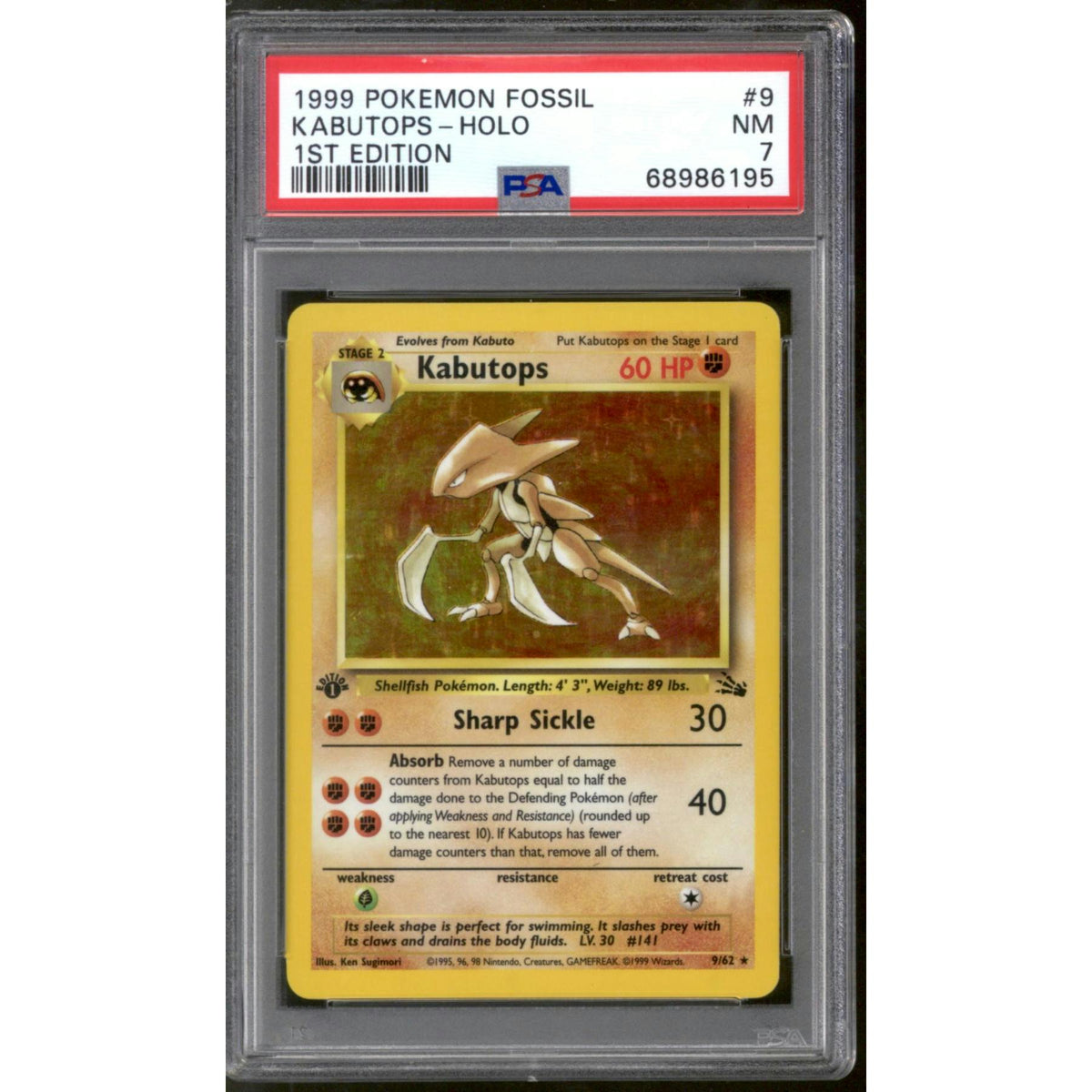 Pokemon Fossil 1st Edition Kabutops 9/62 PSA 7