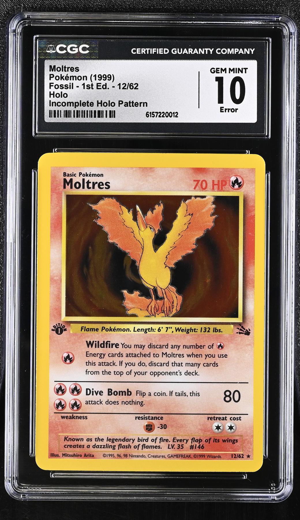 Pokemon Fossil 1st Edition Moltres 12/62 CGC 10 GEM MINT - Incomplete Holo Pattern