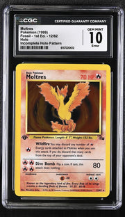 Pokemon Fossil 1st Edition Moltres 12/62 CGC 10 GEM MINT - Incomplete Holo Pattern