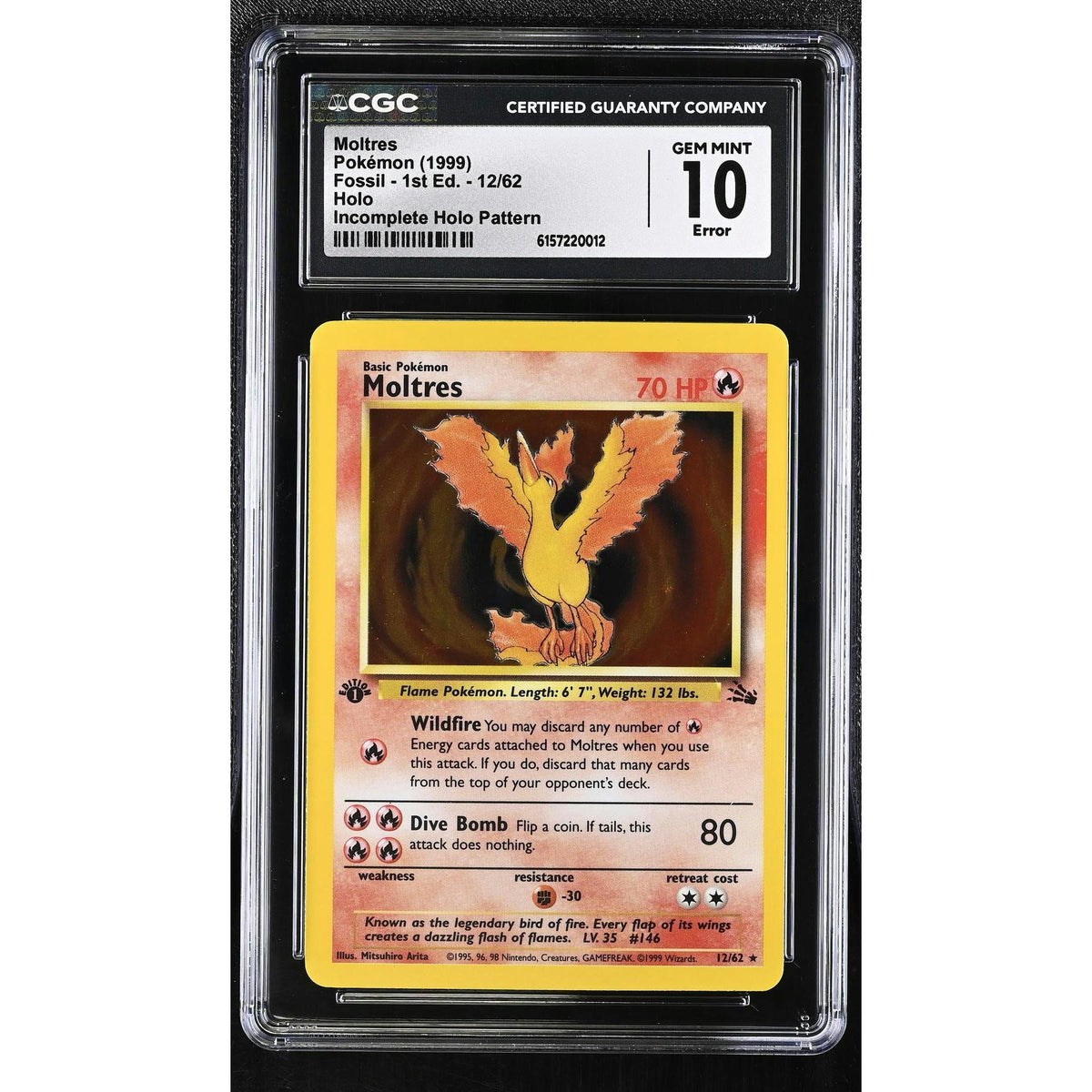Pokemon Fossil 1st Edition Moltres 12/62 CGC 10 GEM MINT - Incomplete Holo Pattern