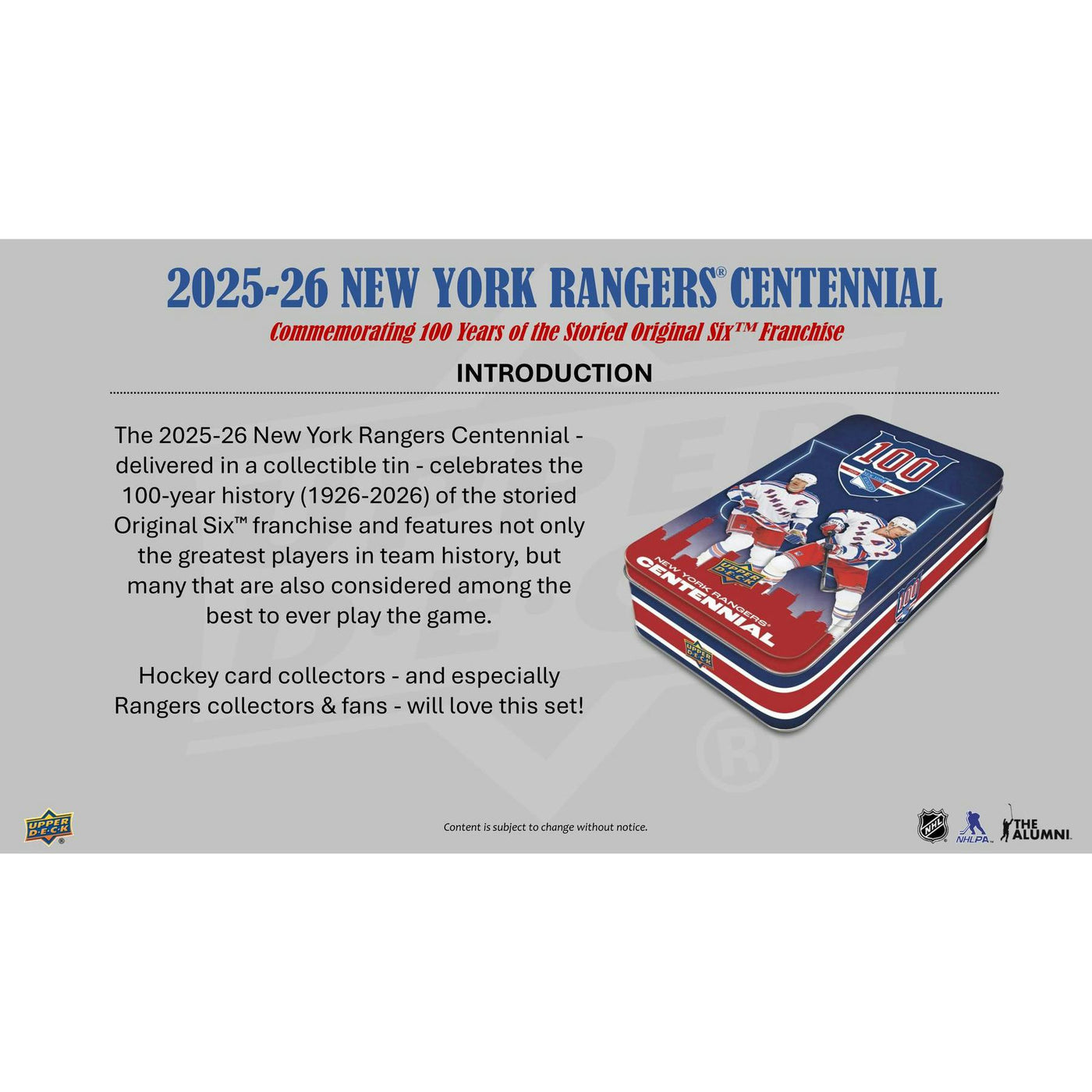 2025/26 Upper Deck New York Rangers Centennial Hockey Hobby 16-Box Case