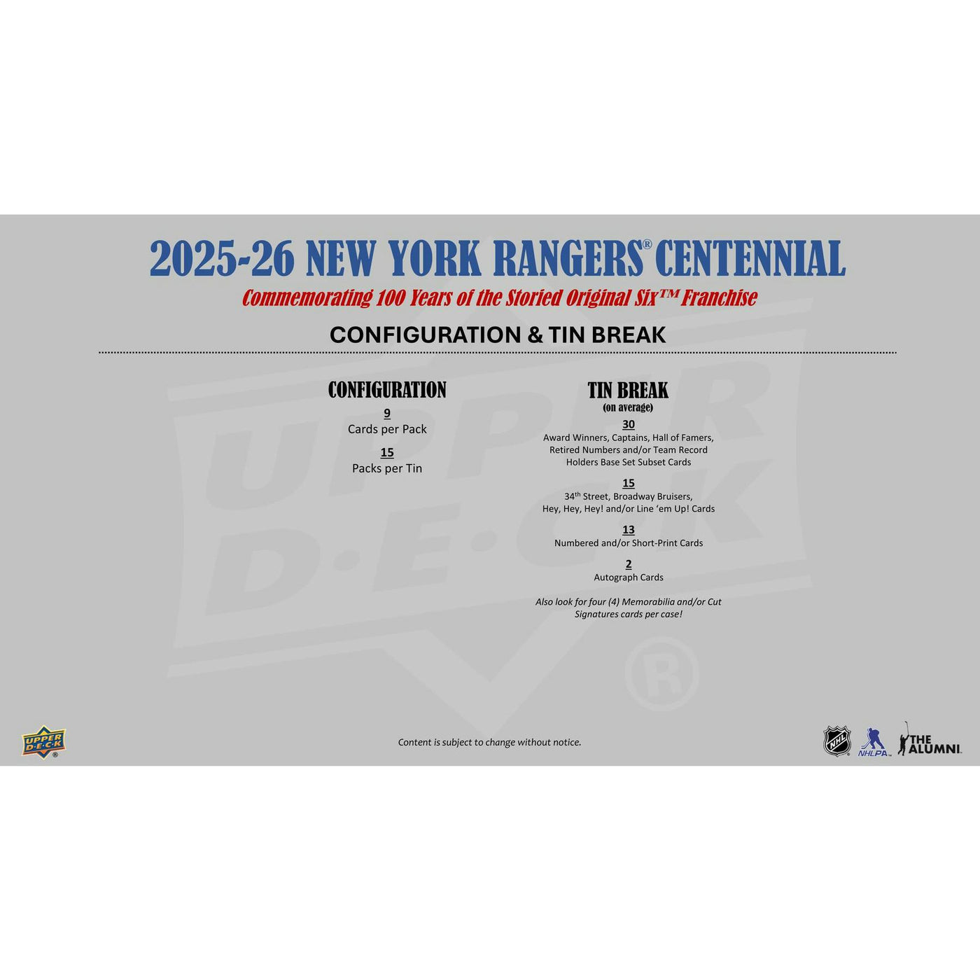 2025/26 Upper Deck New York Rangers Centennial Hockey Hobby 16-Box Case
