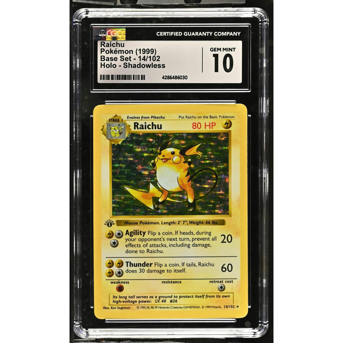 Pokemon Base Set 1st Edition Shadowless Raichu 14/102 CGC 10 GEM MINT