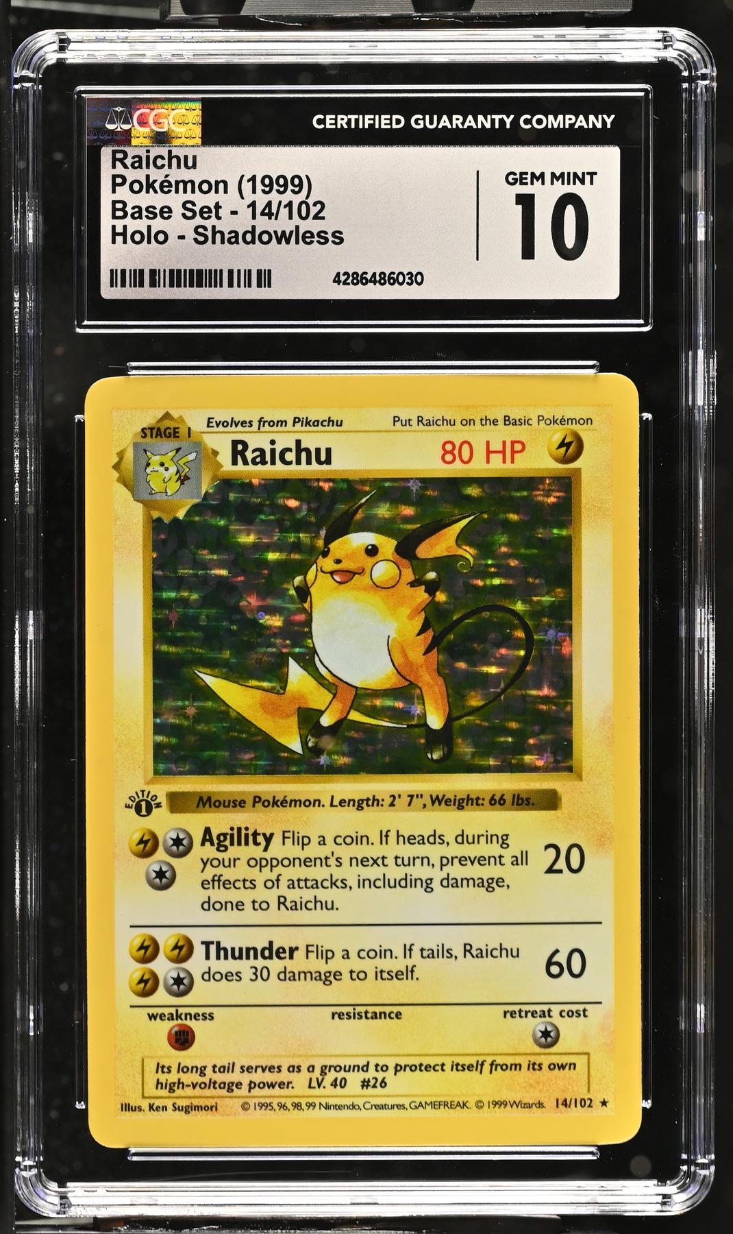 Pokemon Base Set 1st Edition Shadowless Raichu 14/102 CGC 10 GEM MINT