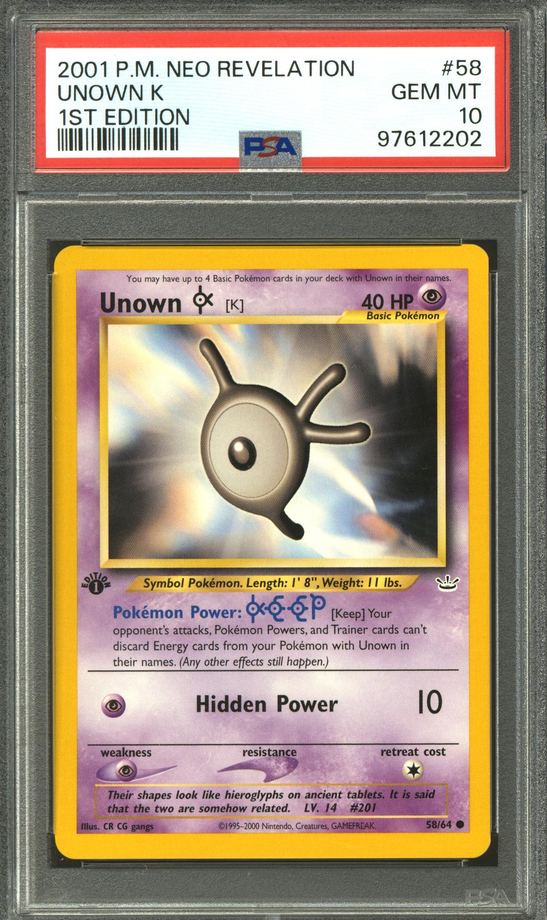 Pokemon Neo Revelation 1st Edition Unown K 58/64 PSA 10 GEM MINT