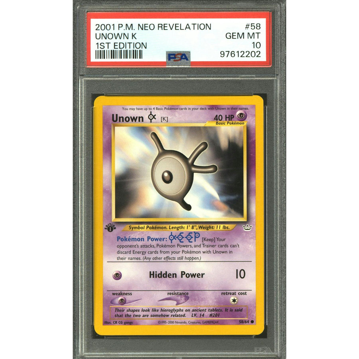 Pokemon Neo Revelation 1st Edition Unown K 58/64 PSA 10 GEM MINT